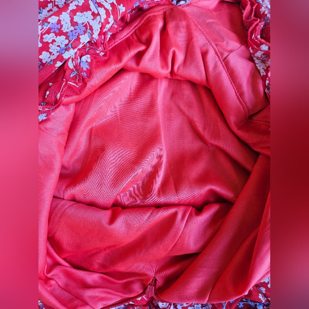Red Floral Ruffle Open Back Dress M Medium Long Balloon Poof Sleeve - Picture 2 of 11